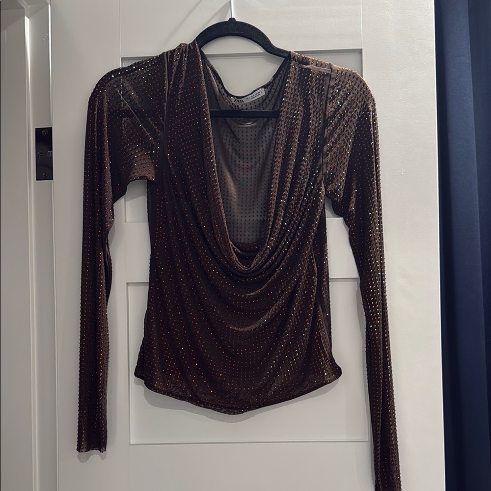Brown Mesh Long Sleeve Top